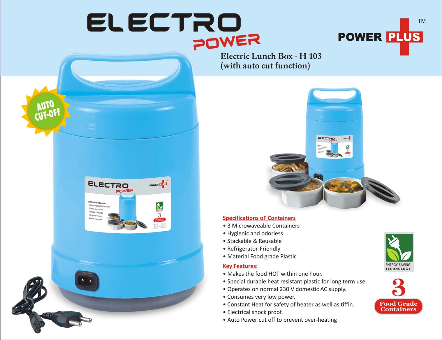 Electro Power Electric Lunch Box - Blue Color with Auto-Cut Function