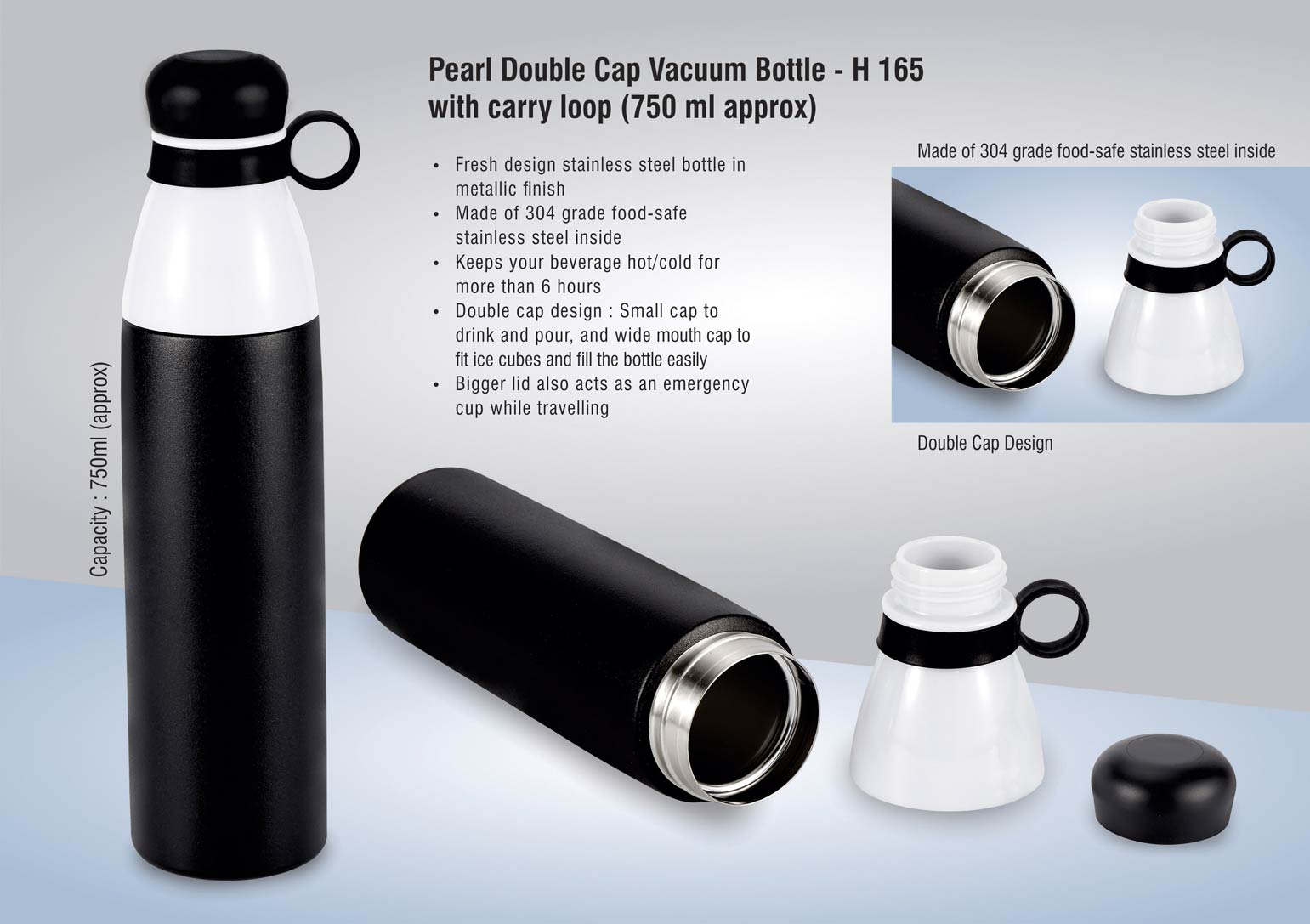 Pearl Double Cap Vacuum Bottle with Carry Loop 750 ml