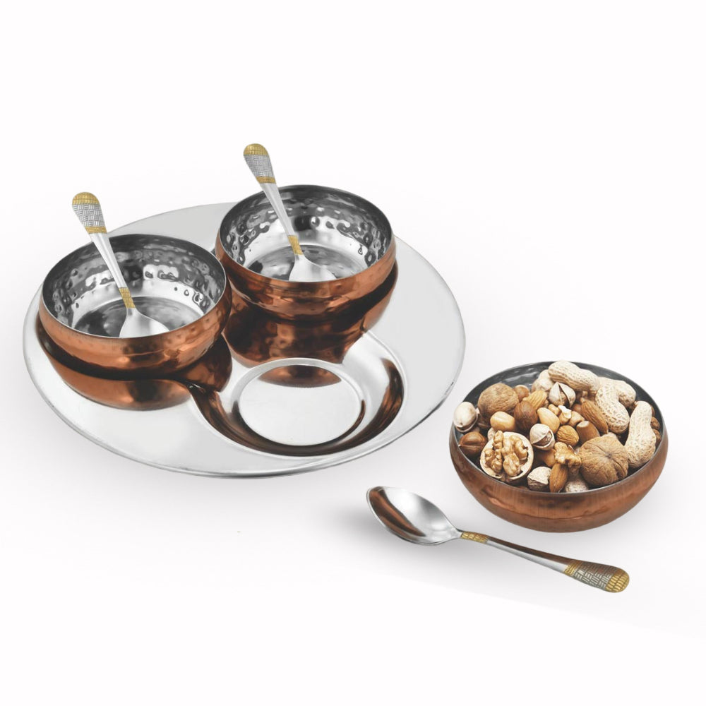 7 pc Copper Finish Snack Set with Bowls, Spoons, and Serving Tray