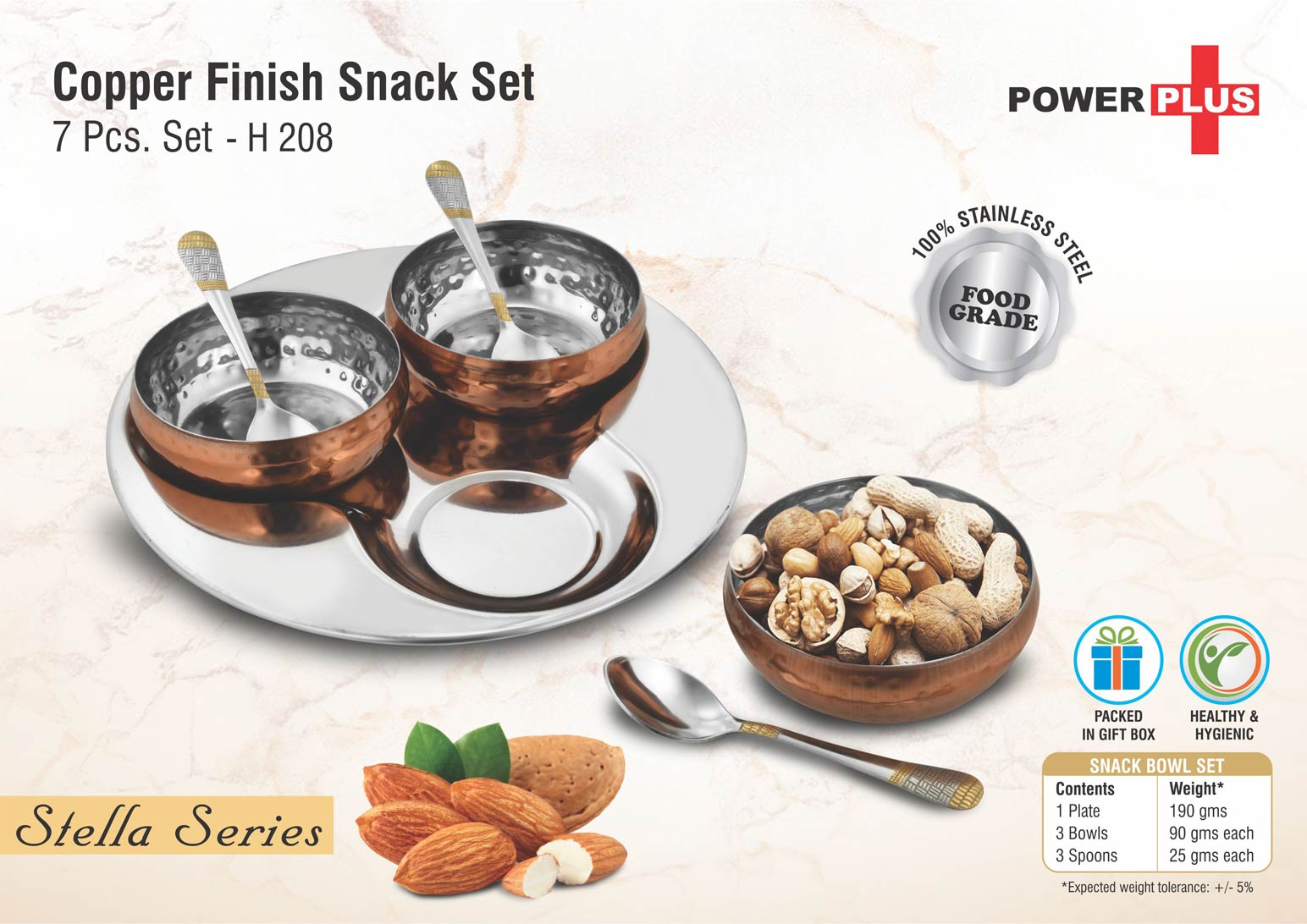 7 pc Copper Finish Snack Set with Bowls, Spoons, and Serving Tray