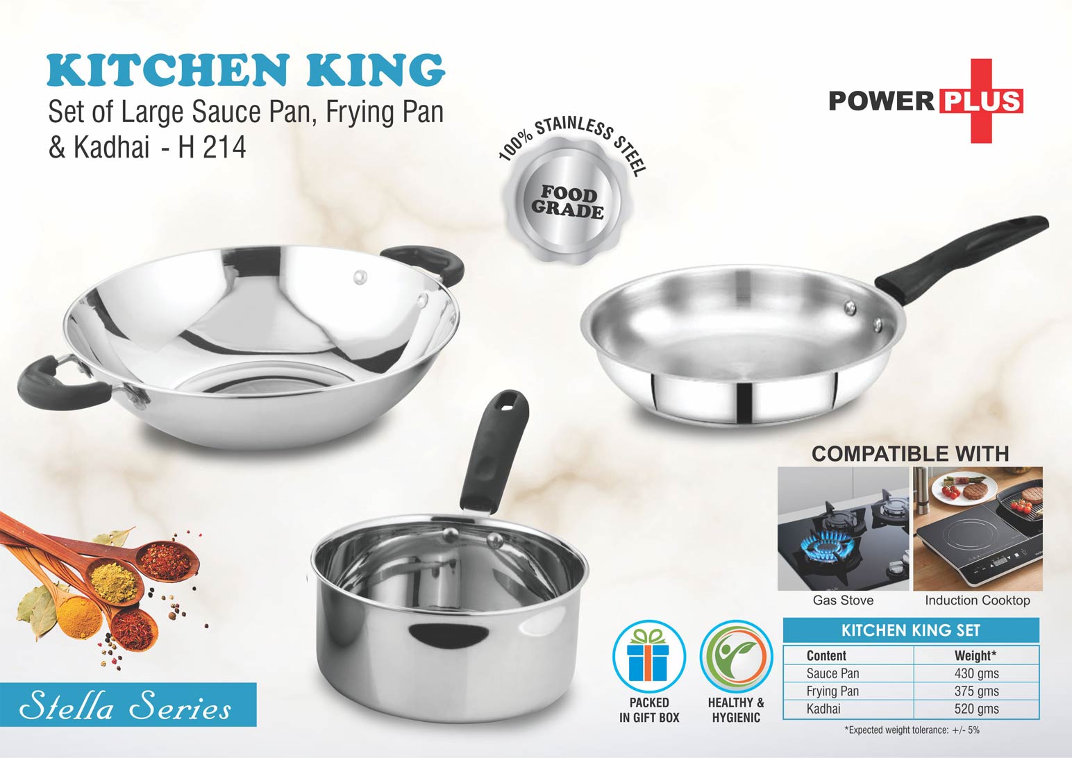 Kitchen King Set - Large Sauce Pan, Frying Pan and Kadhai in Gift Box - Stainless Steel - Silver