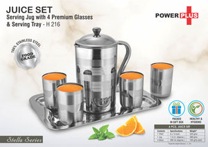 Stainless Steel Juice Set with 4 Glasses and Serving Tray