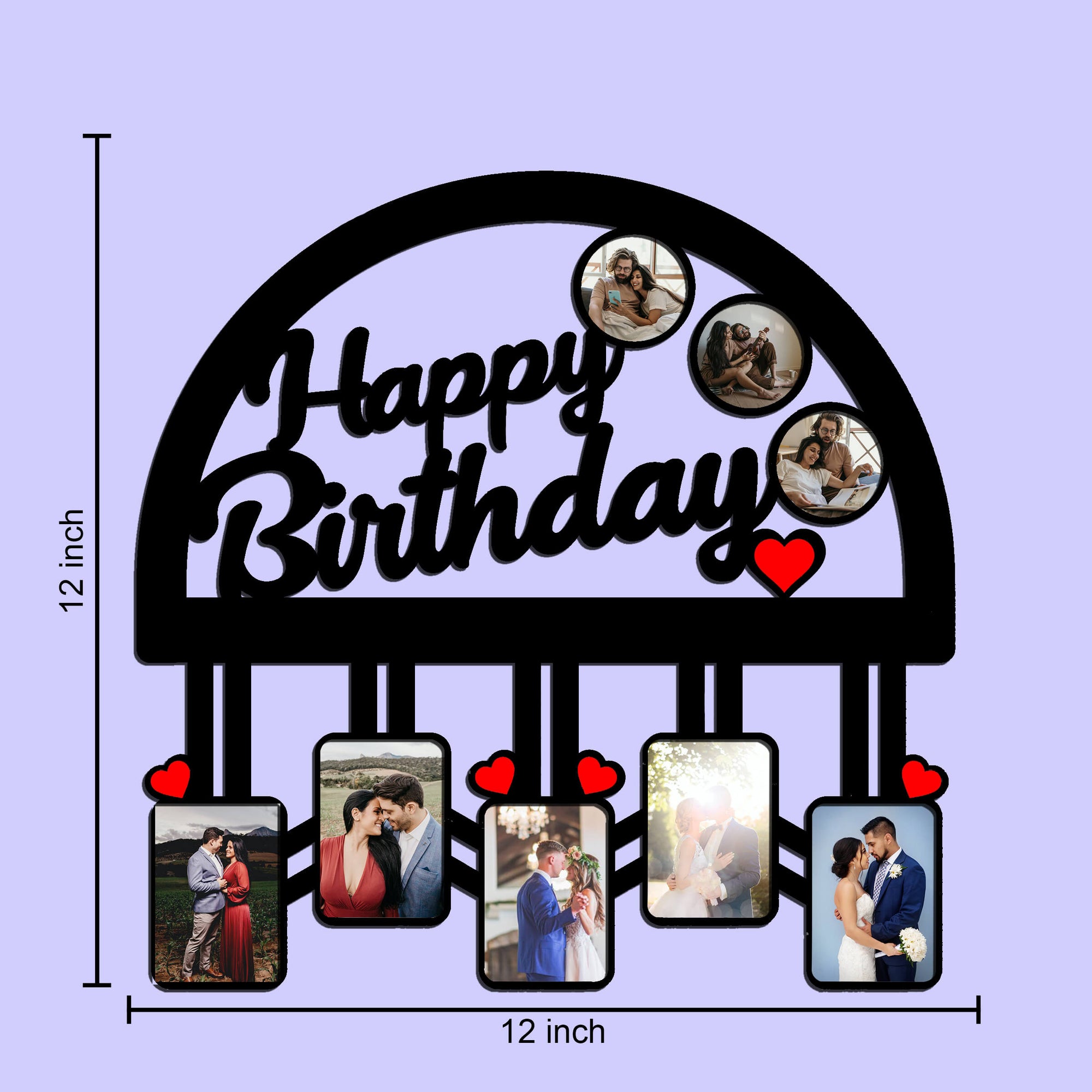 Laser Cut Photo Frame HBD Photos with Eight Photos, MDF Wood, 12x12 Inches