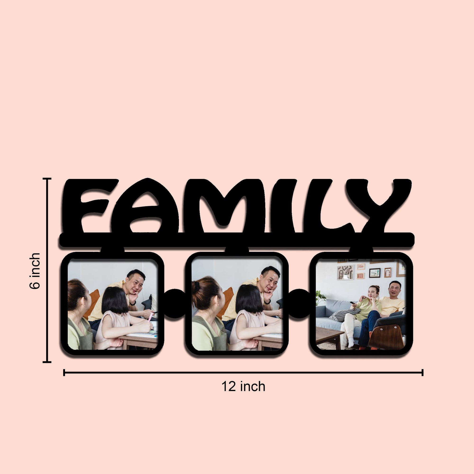 Laser Cut Photo Frame for Family Photos - 3 Photos, MDF Wood, 12x6 Inches