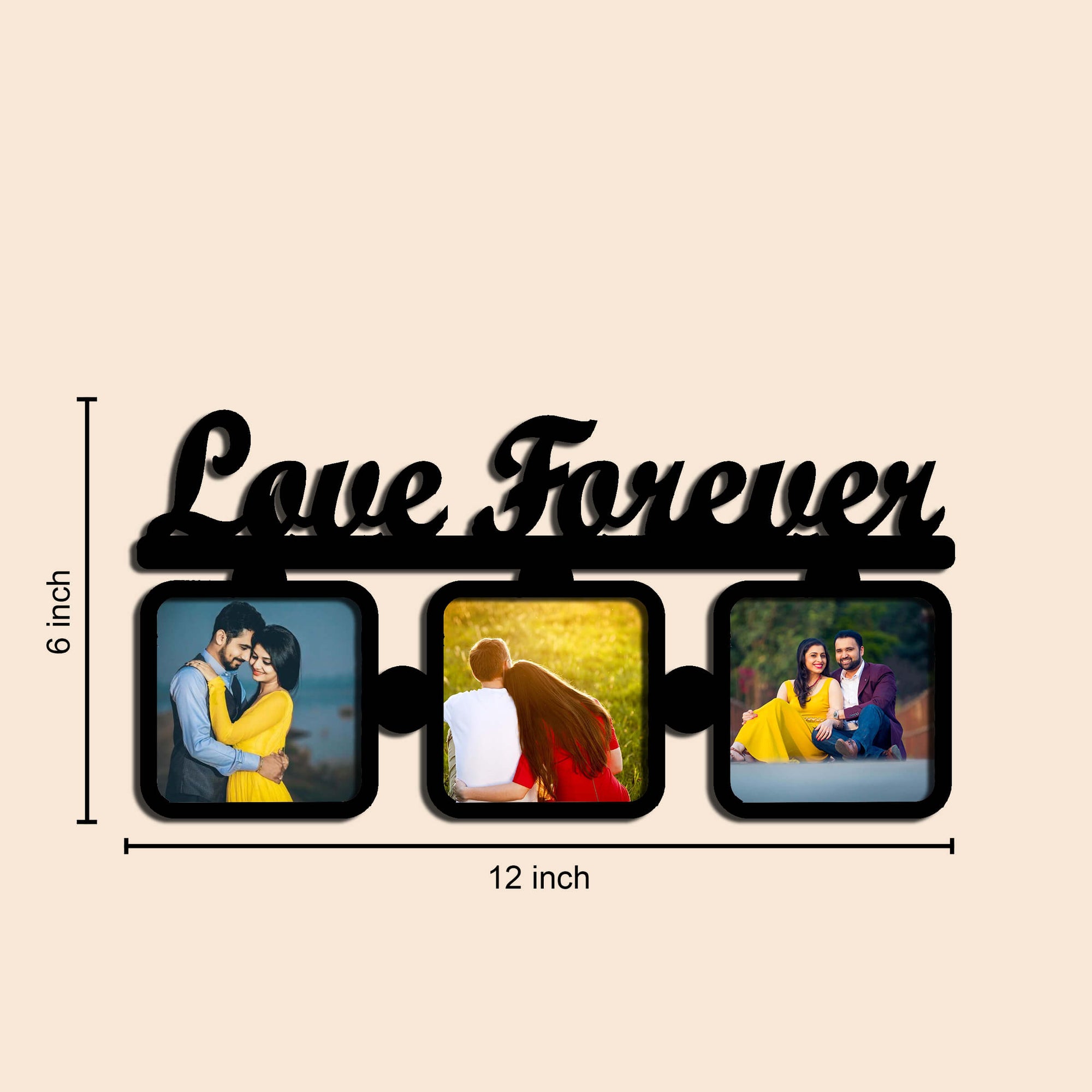 Laser Cut Photo Frame Love Forever Photos - 3 Photos (MDF Wood, 12x6 Inches)
