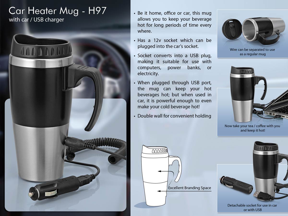 Car Heater Mug with Car or USB Charger - 500ml, Available in Black