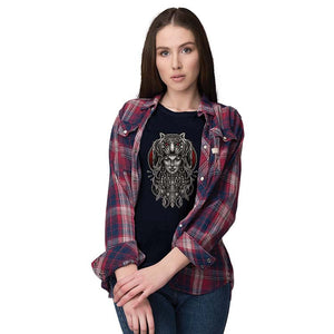 Charming Lady with Tiger Women T-Shirt-Navy Blue